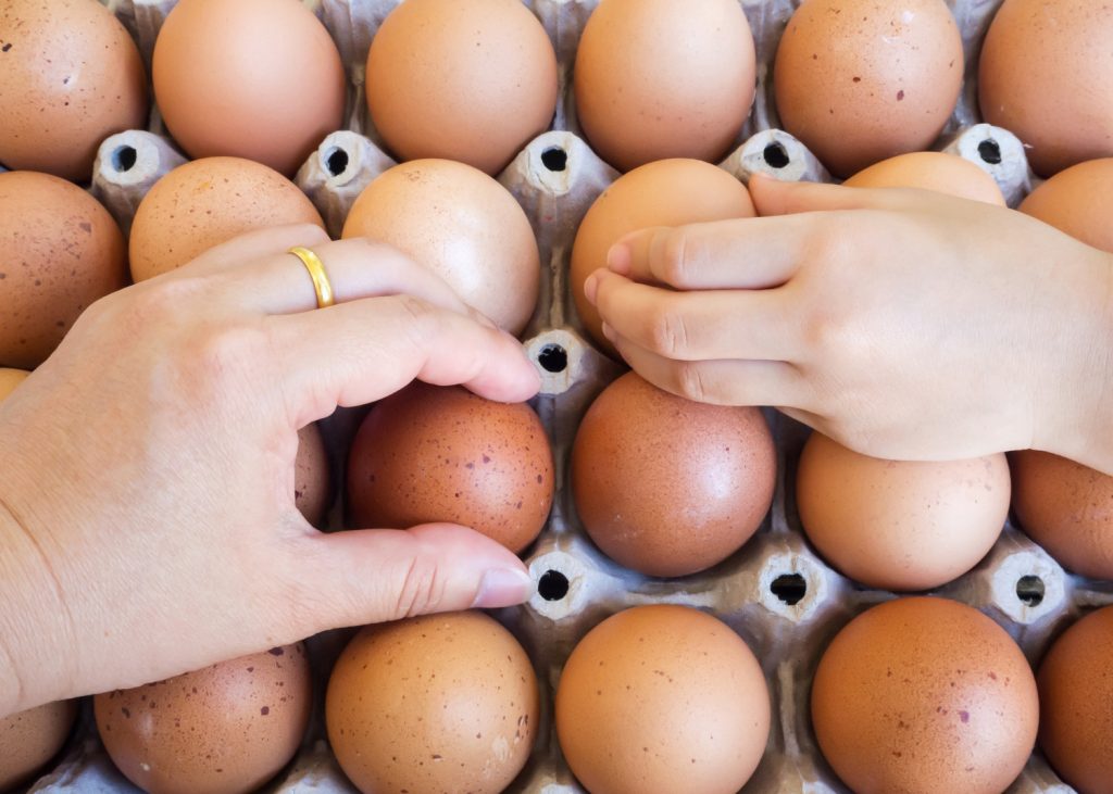 Kobiece dłonie wybierające jajka ze zgrzewki.
